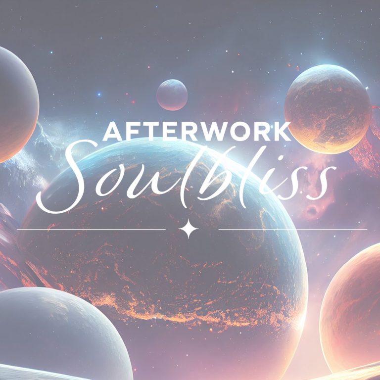 Futuristische Weltraumlandschaft mit Planeten und dem Schriftzug "Afterwork Soulbliss".